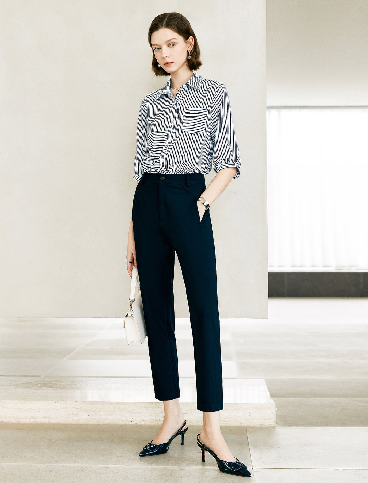 Simple Striped Jacquard Button-Down Shirt