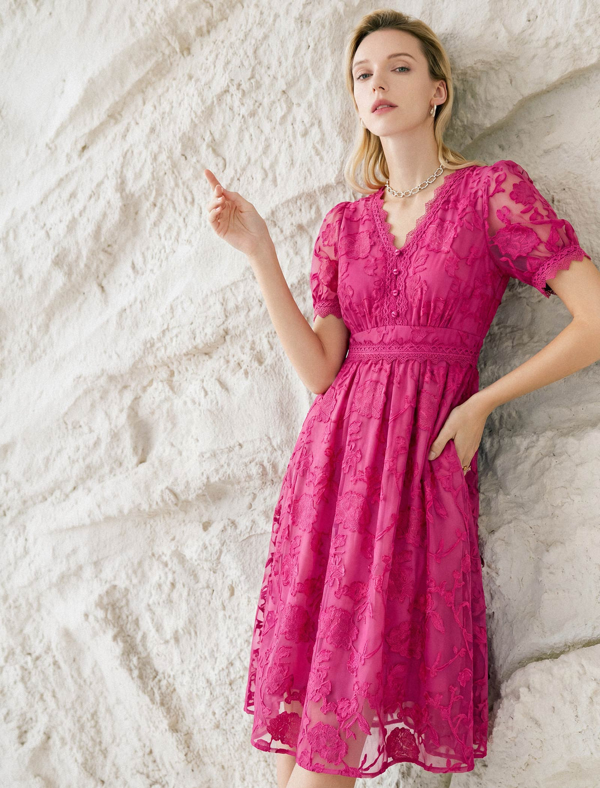 V-Neck Waist-Cinched Short Sleeve Dress