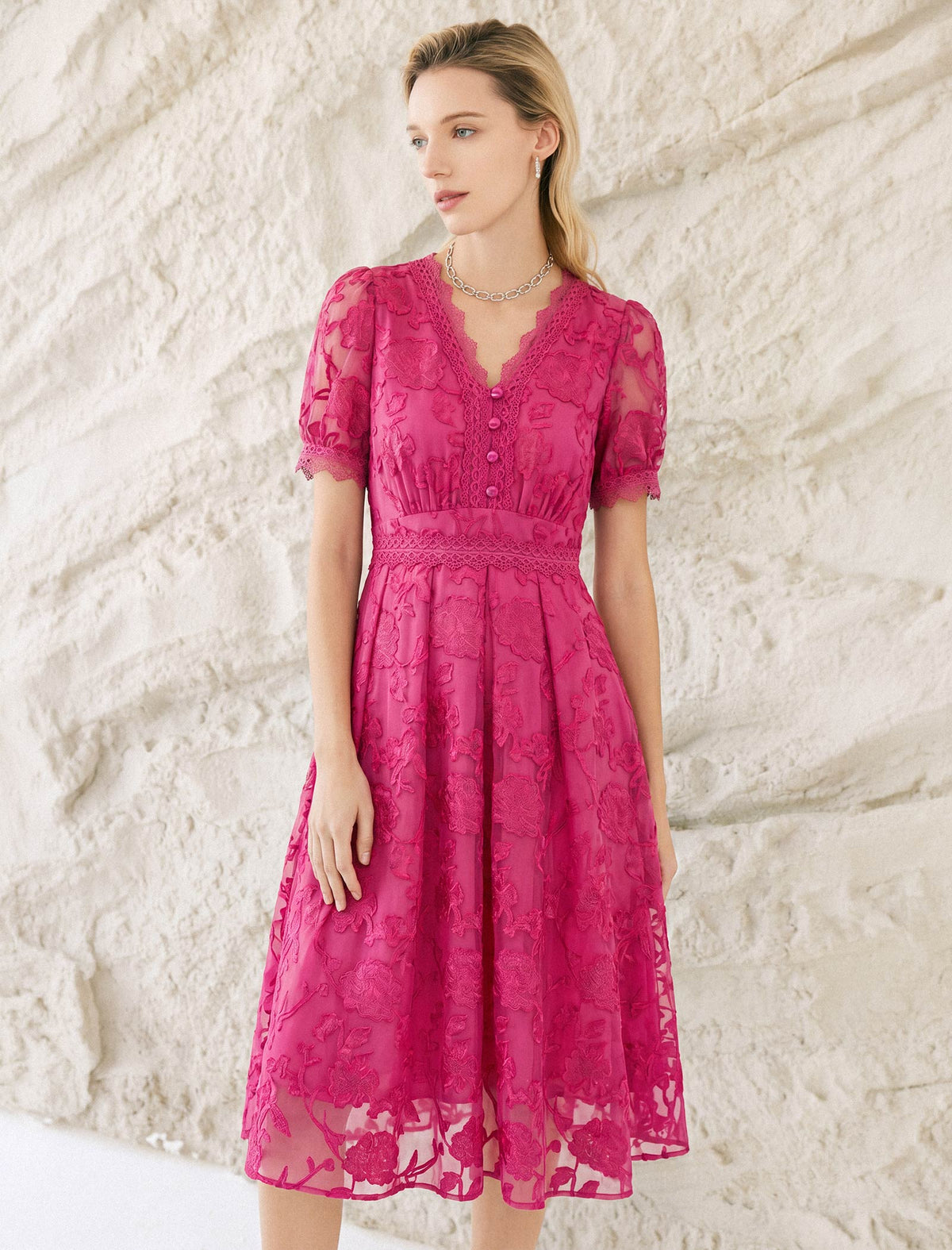 V-Neck Waist-Cinched Short Sleeve Dress