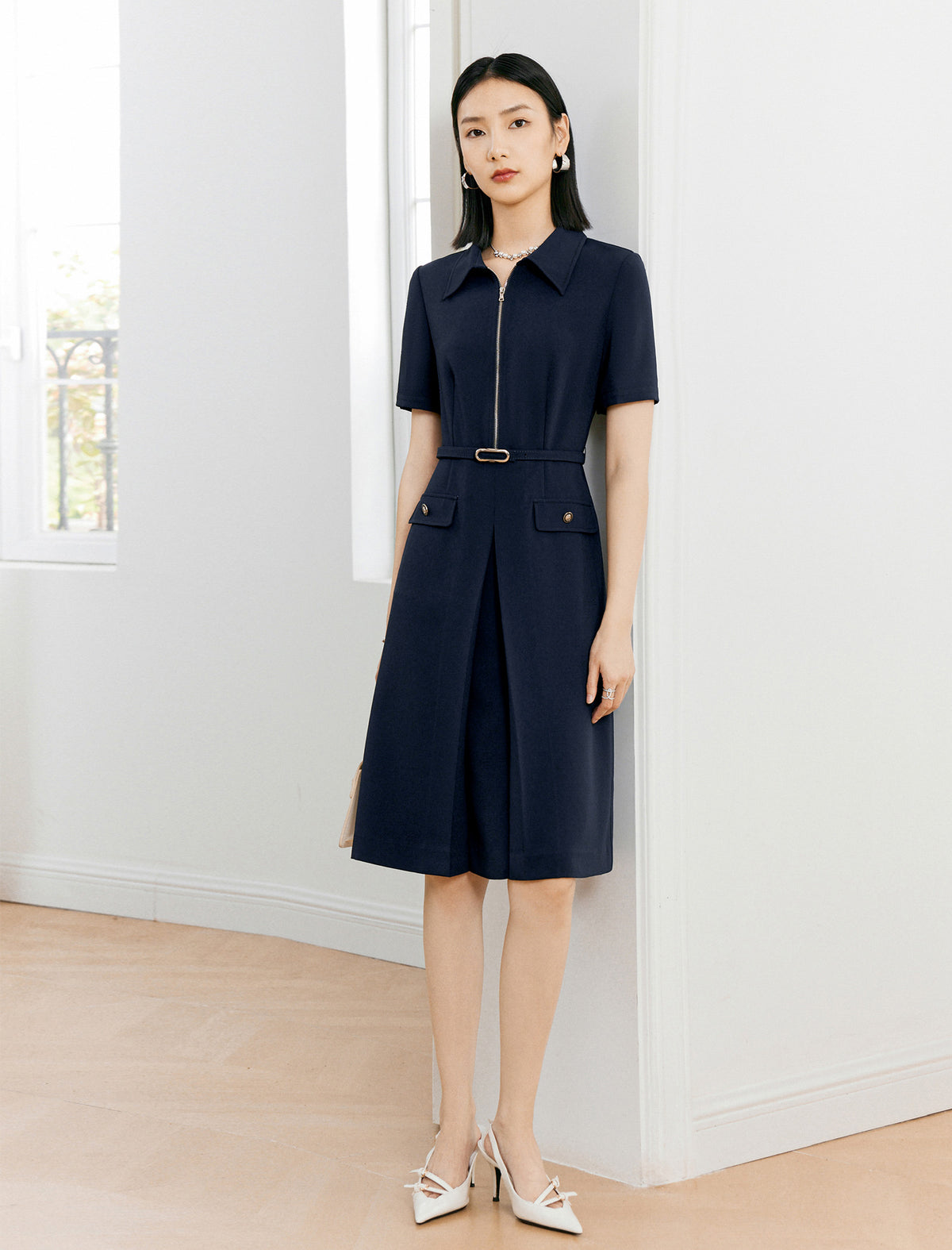 Vintage Collar Zipper Front Short Sleeve Knee Length Dress
