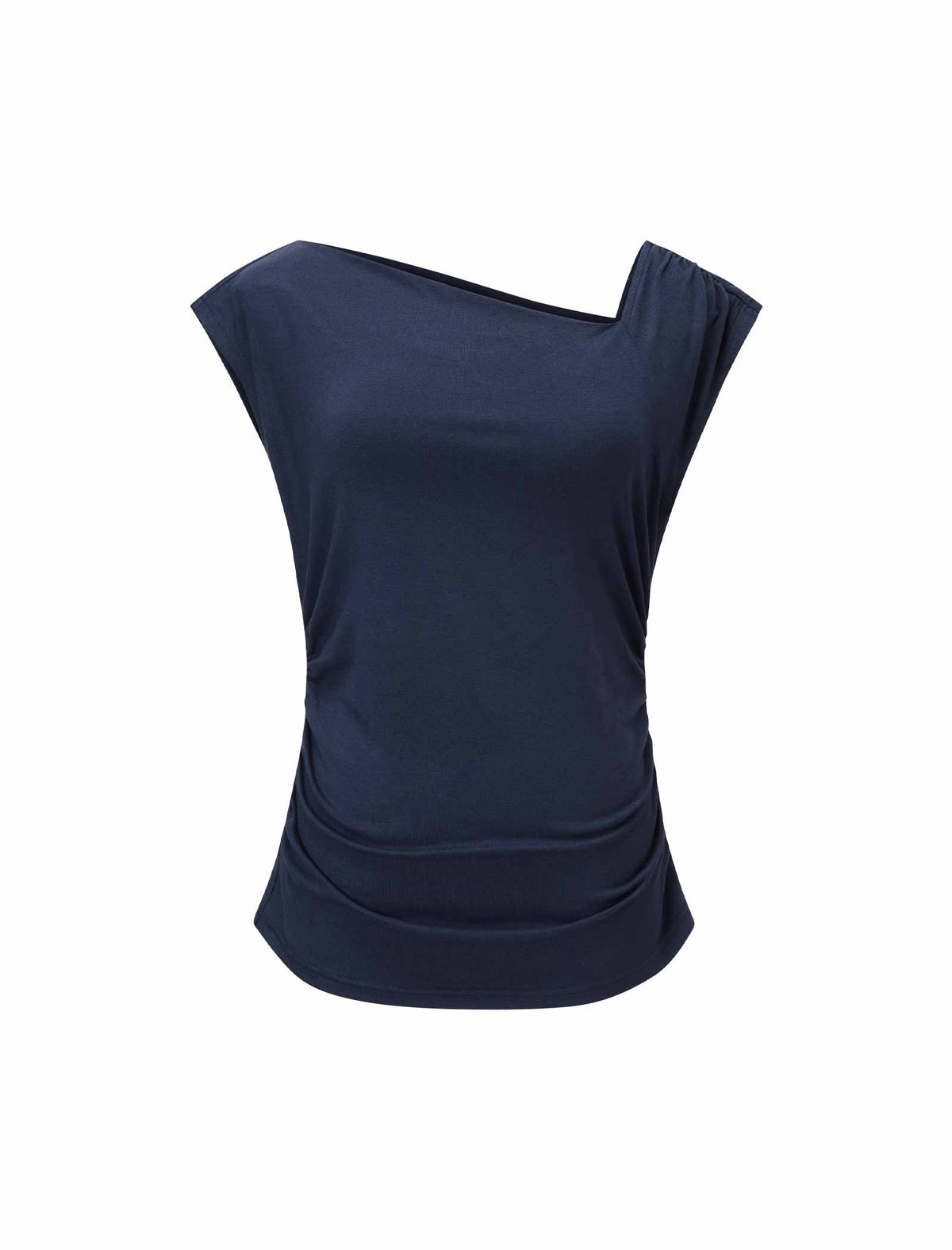 Navy Blue Asymmetric Neck Ruched Knit Top