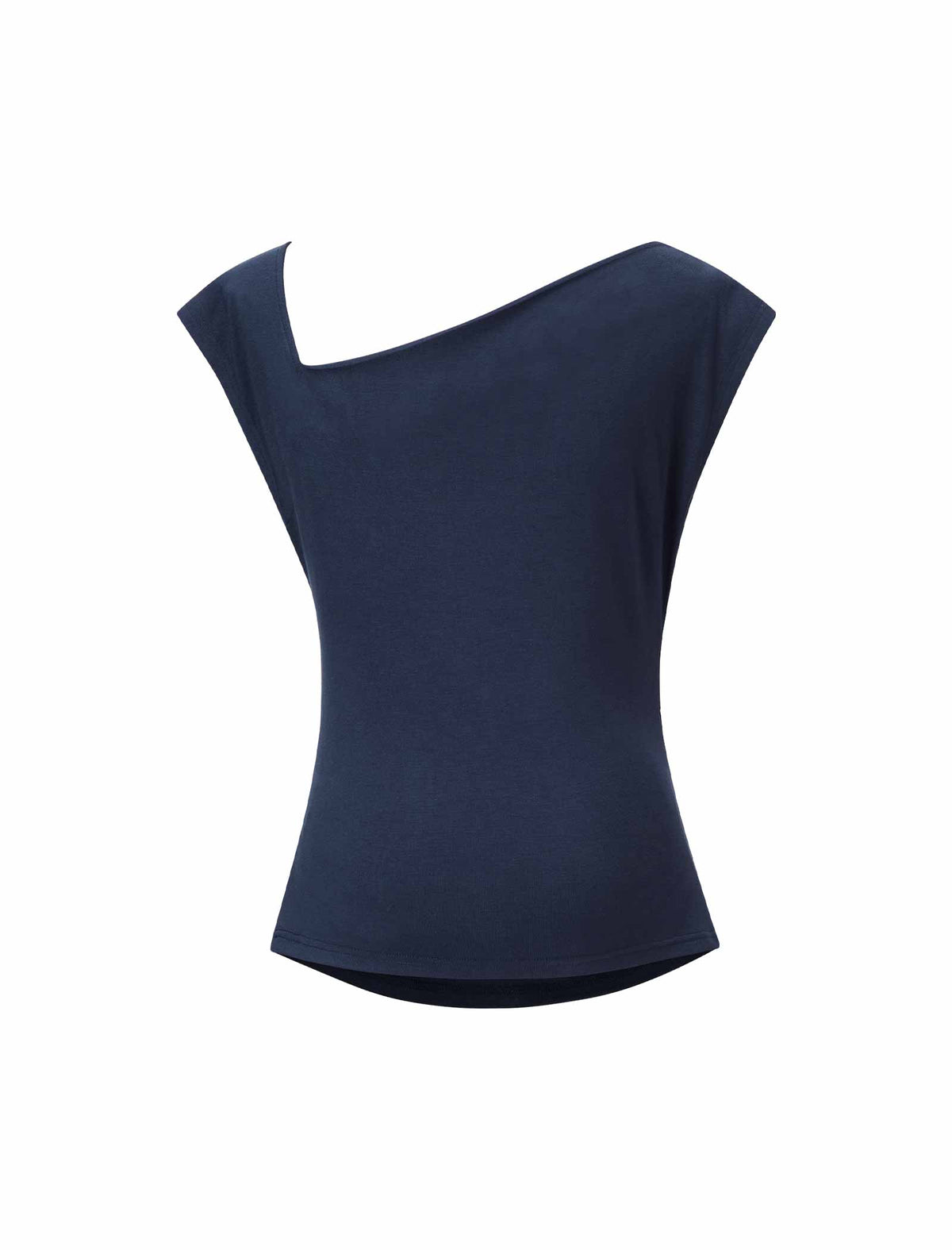 Navy Blue Asymmetric Neck Ruched Knit Top