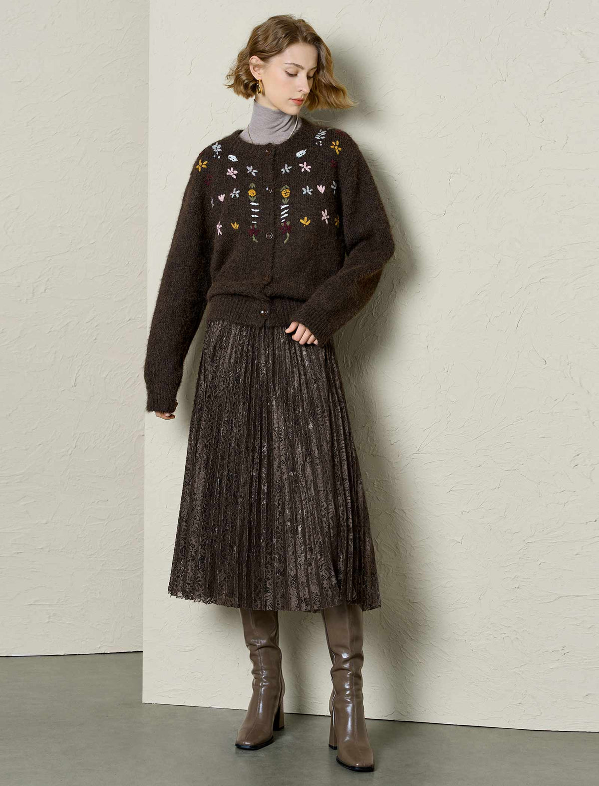 Chocolate Brown Floral Embroidered Cardigan