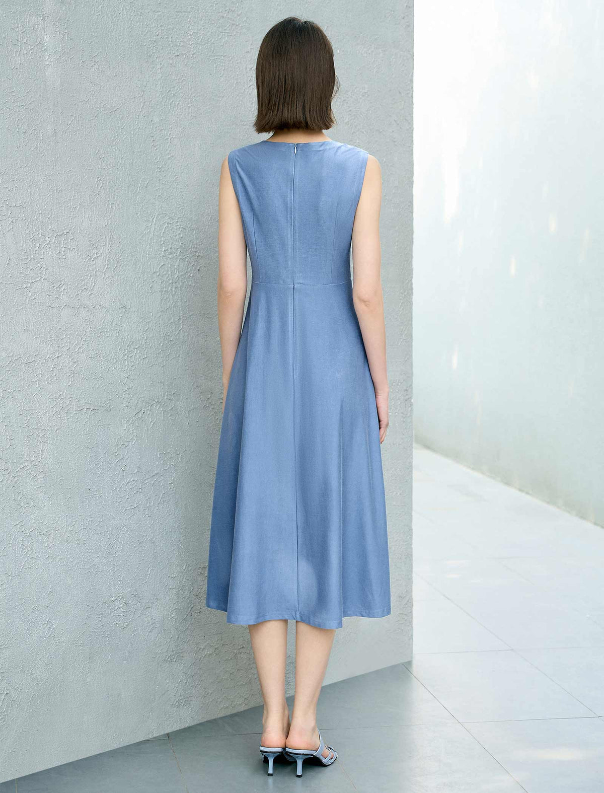 Solid Waist-Cinched A-Line Sleeveless Dress