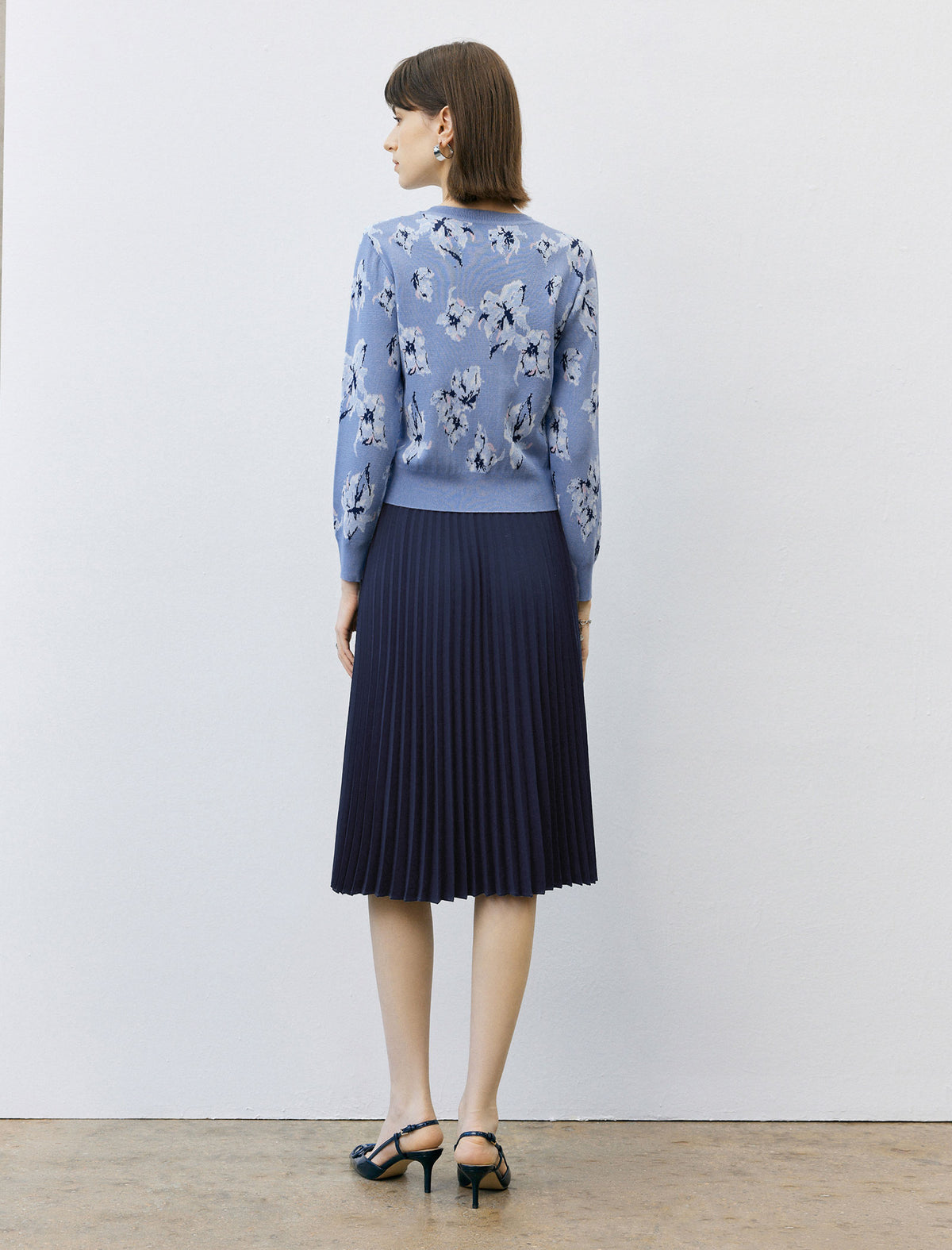 Navy High Waist Pleated Midi Skirt