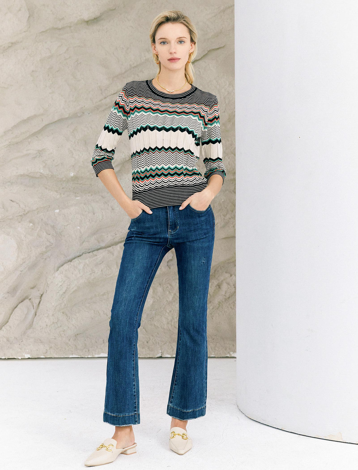 Multi-Color Chevron 3/4 Sleeve Knit Top