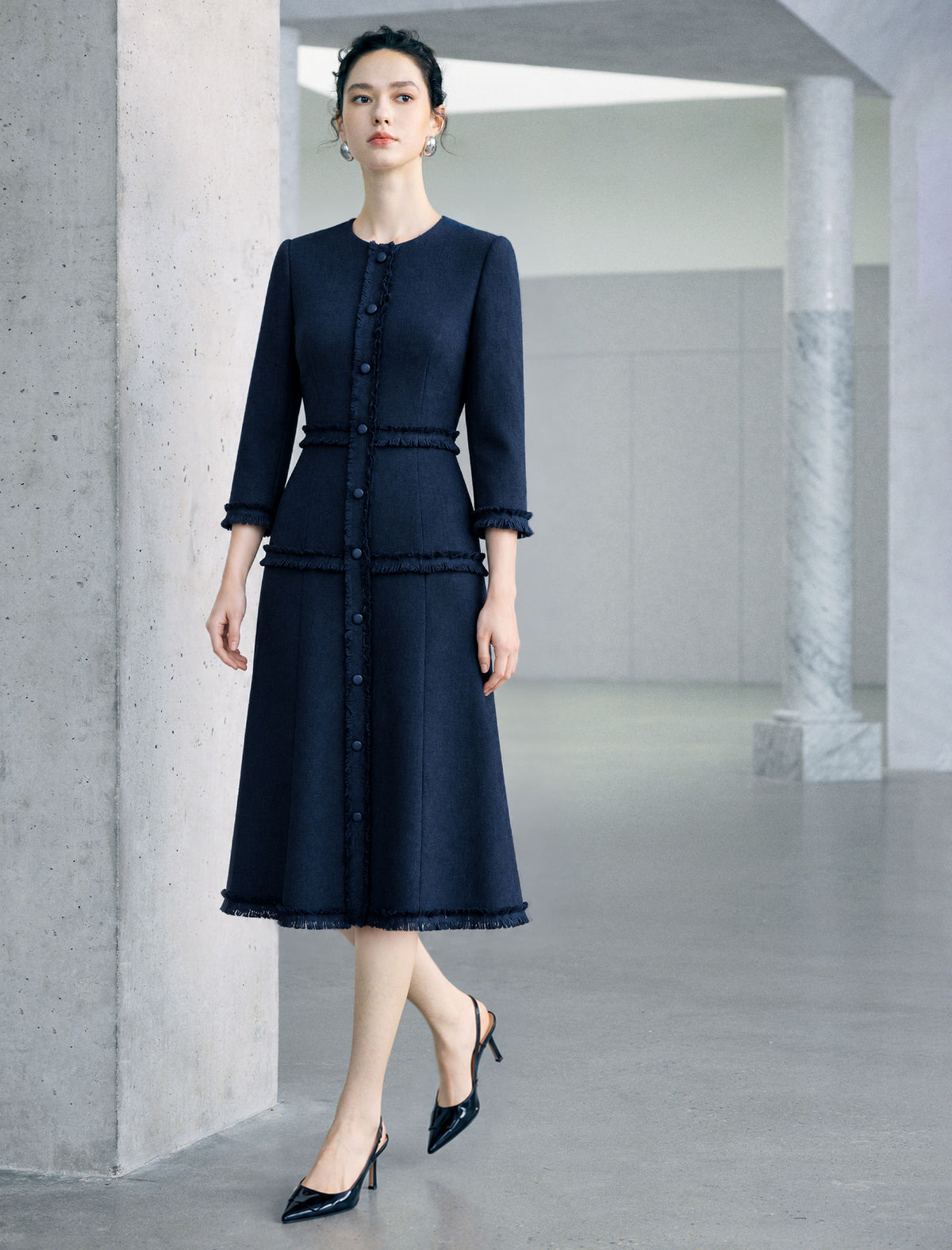 Dark Navy Fringe Trim Midi Dress