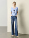 Notched V-Neck Graphic Knit Short Sleeve Top