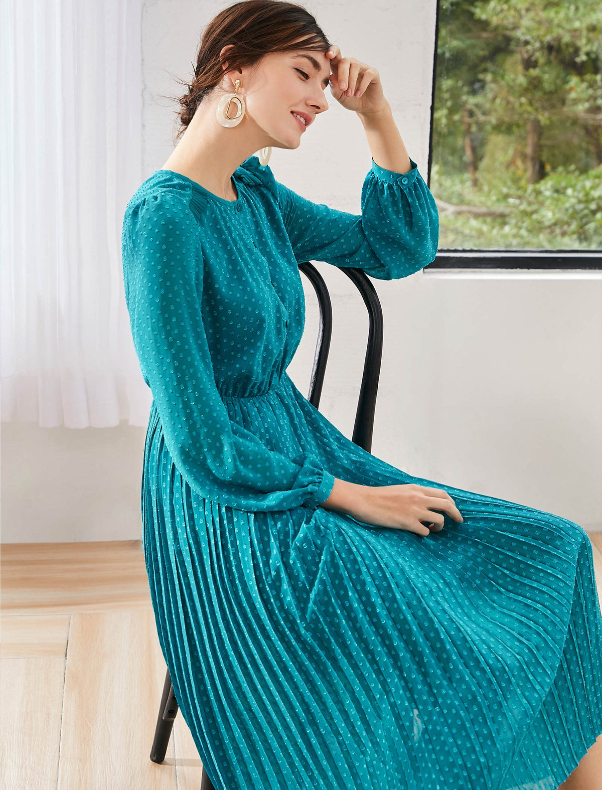 Teal Polka-Dot Pleated Midi Dress