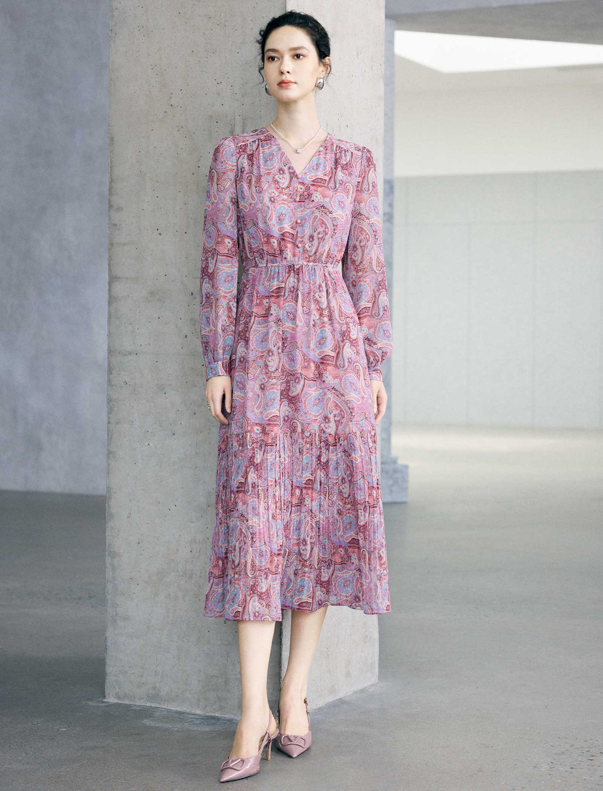 Elastic Waist Floral Chiffon Dress