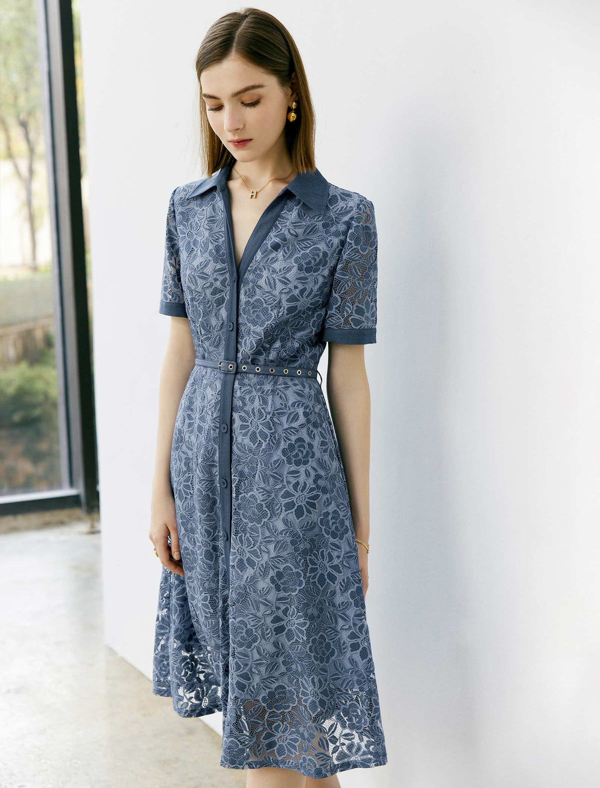 Cutout Lace Shirt Collar Dress