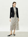 Pleated Tie-Neck Printed Metallic Trim Midi Dress