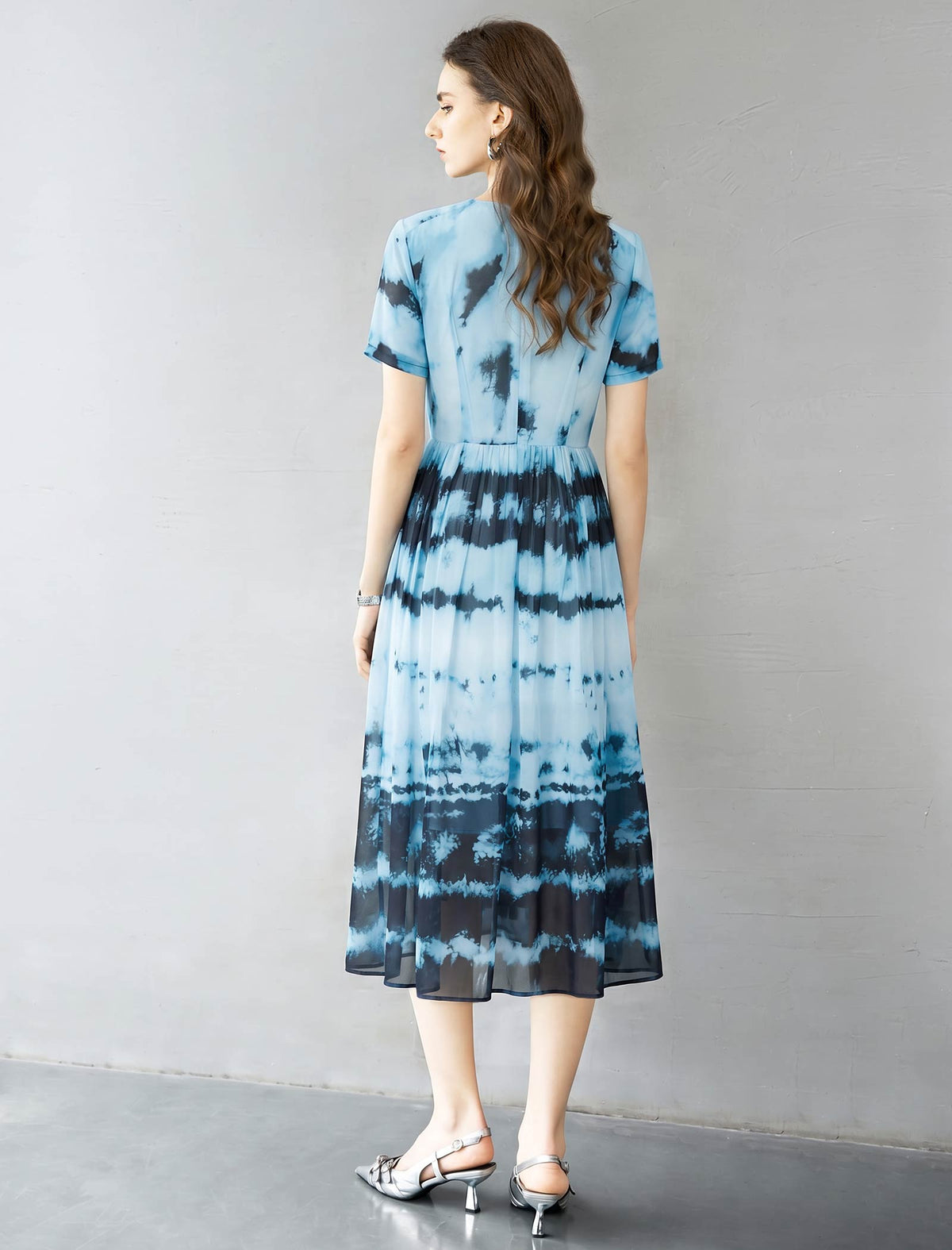 Blue Tie-Dye Print Chiffon Midi Dress