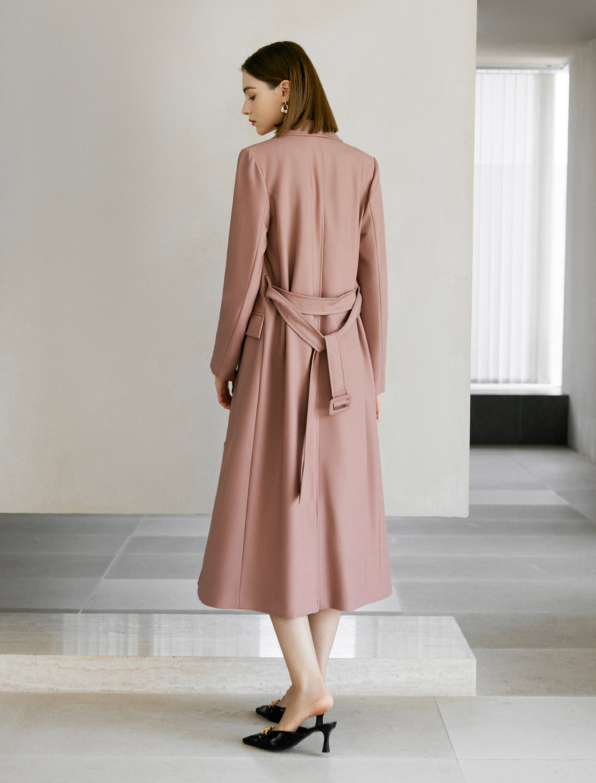 Gathered Waist Double-Breasted Trench Coat