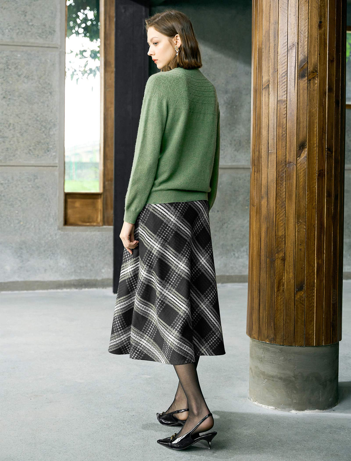 Plaid Bias-Cut A-Line Midi Skirt