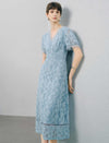 Blue Floral Lace V-Neck Midi Dress