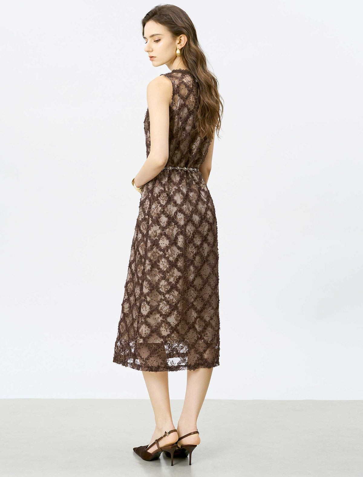 Brown Lace Embroidered Midi Dress