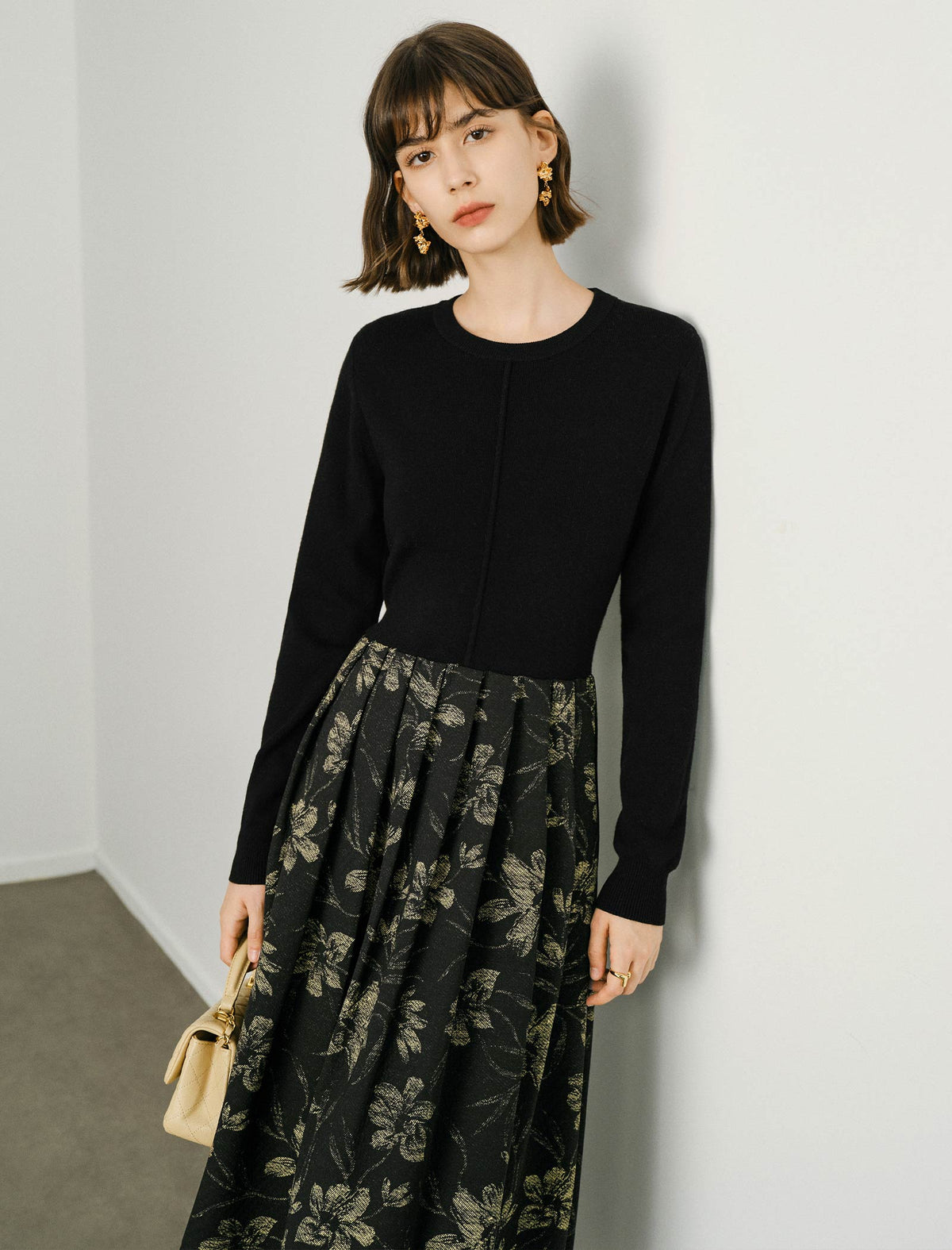 Floral Print Long-Sleeve Mixed-Media Midi Dress