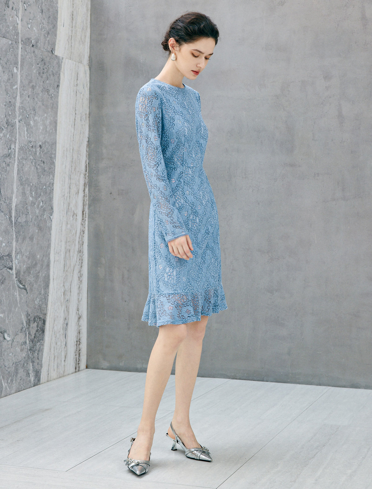 Lace Floral Pattern Long Sleeve A Line Midi Dress