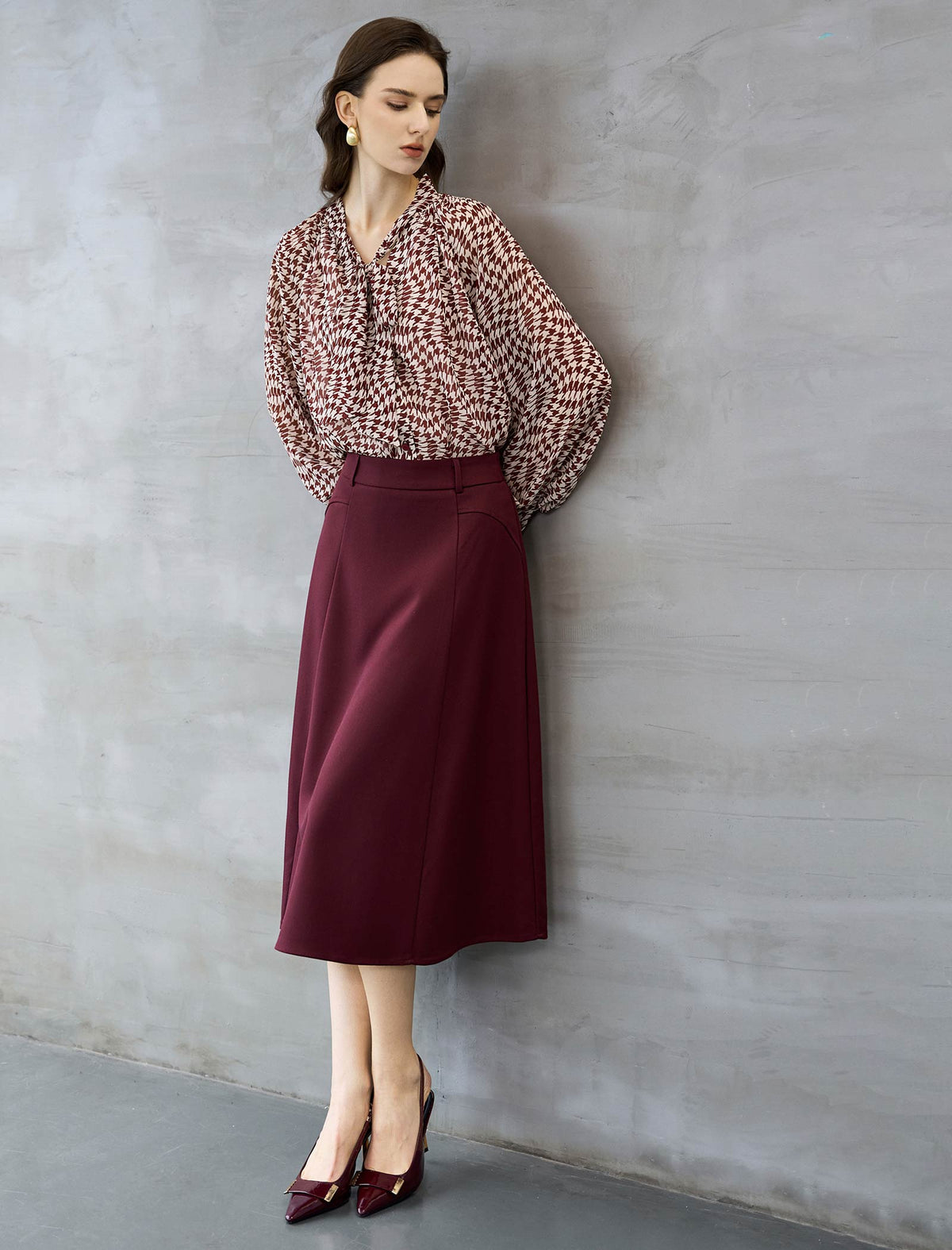 Houndstooth Tie-Neck Blouse