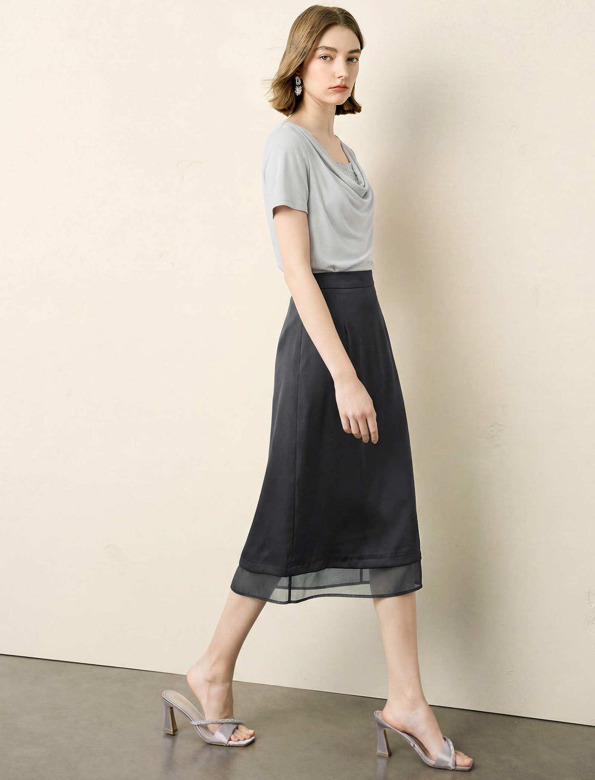 Cowl‑Neck Lace‑Panel Knit Top