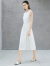 White Boat Neck Sleeveless Lace Slit Waist-Fitted Midi Dress