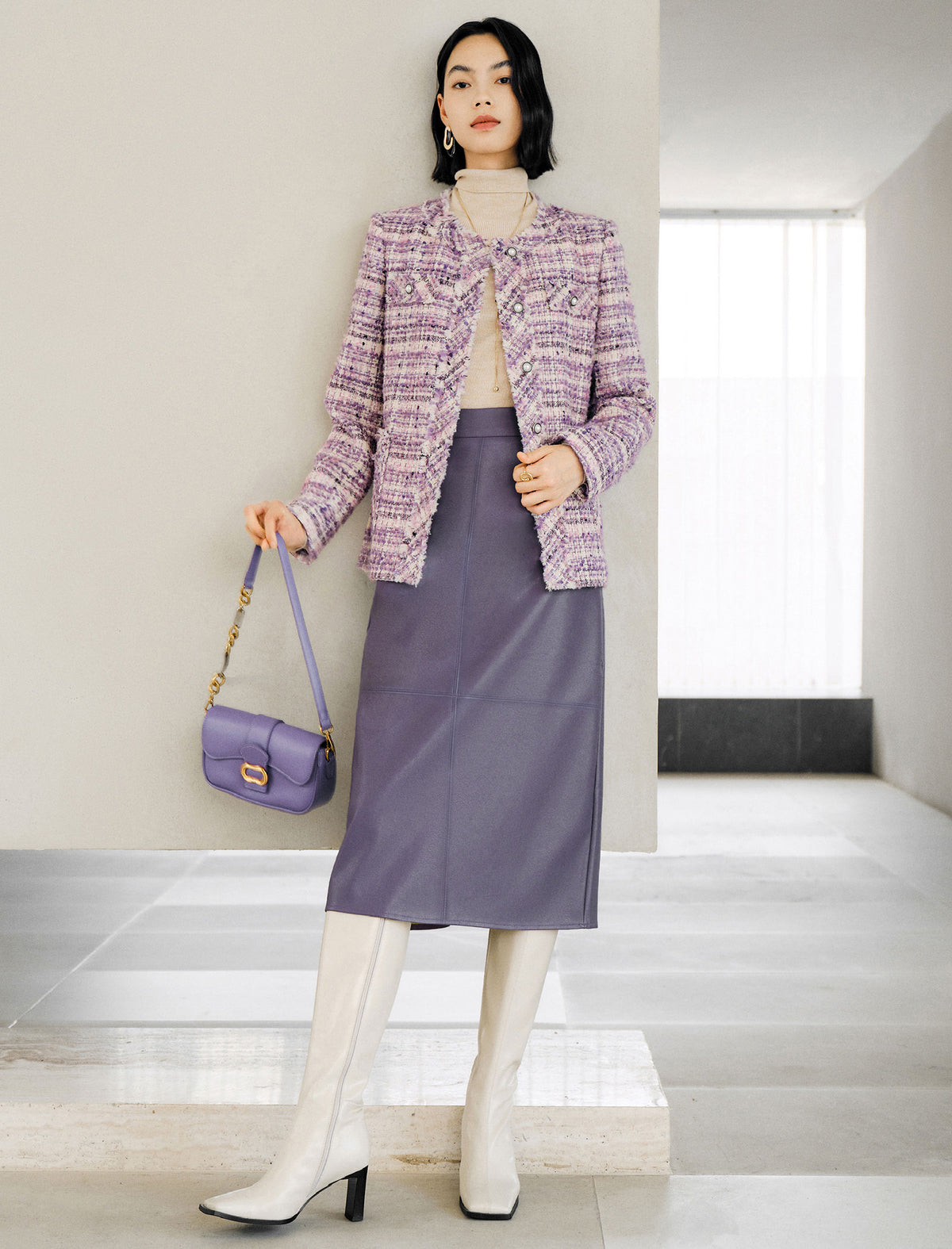 PU Leather Back Slit Midi Skirt