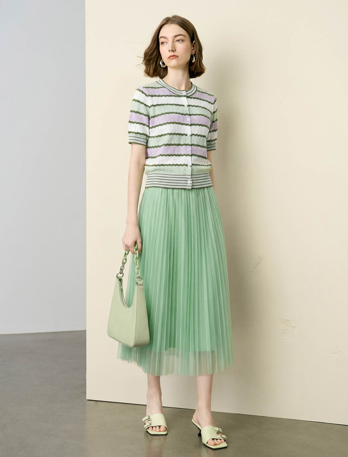 Pastel Striped Short-Sleeve Knit Cardigan