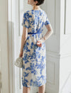Elegant Floral Silk Dress with Cinched Waist