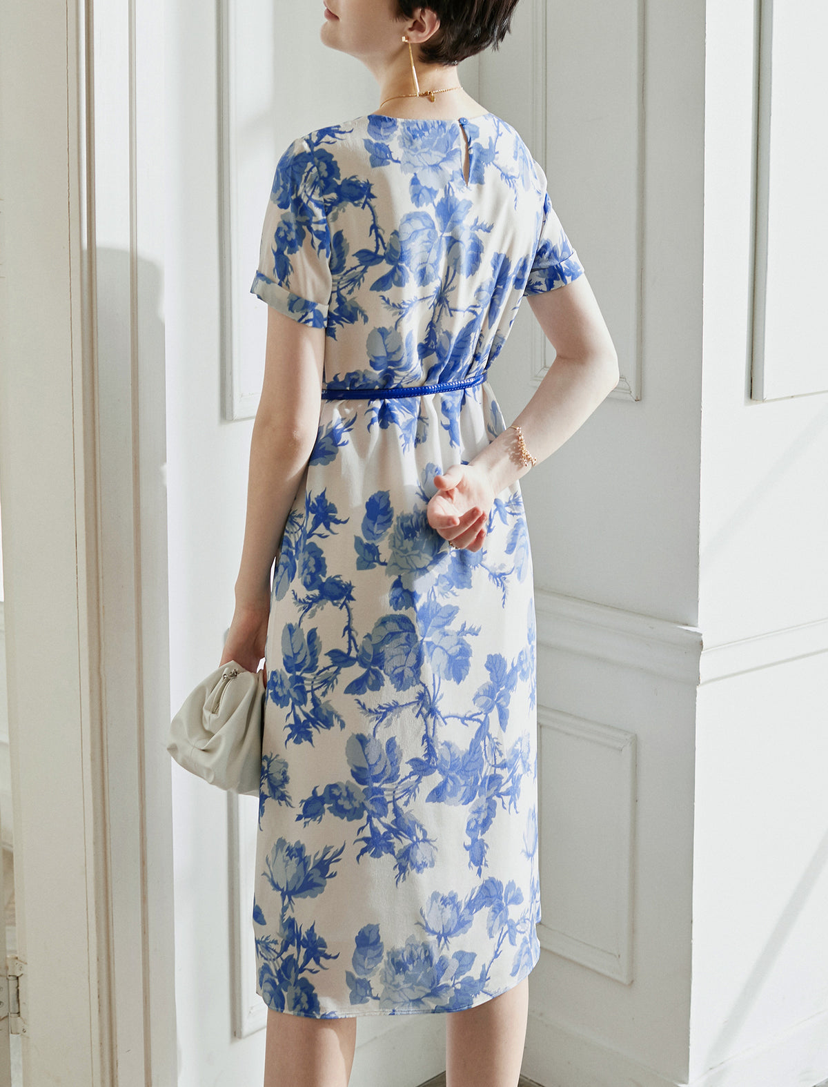 Elegant Floral Silk Dress with Cinched Waist