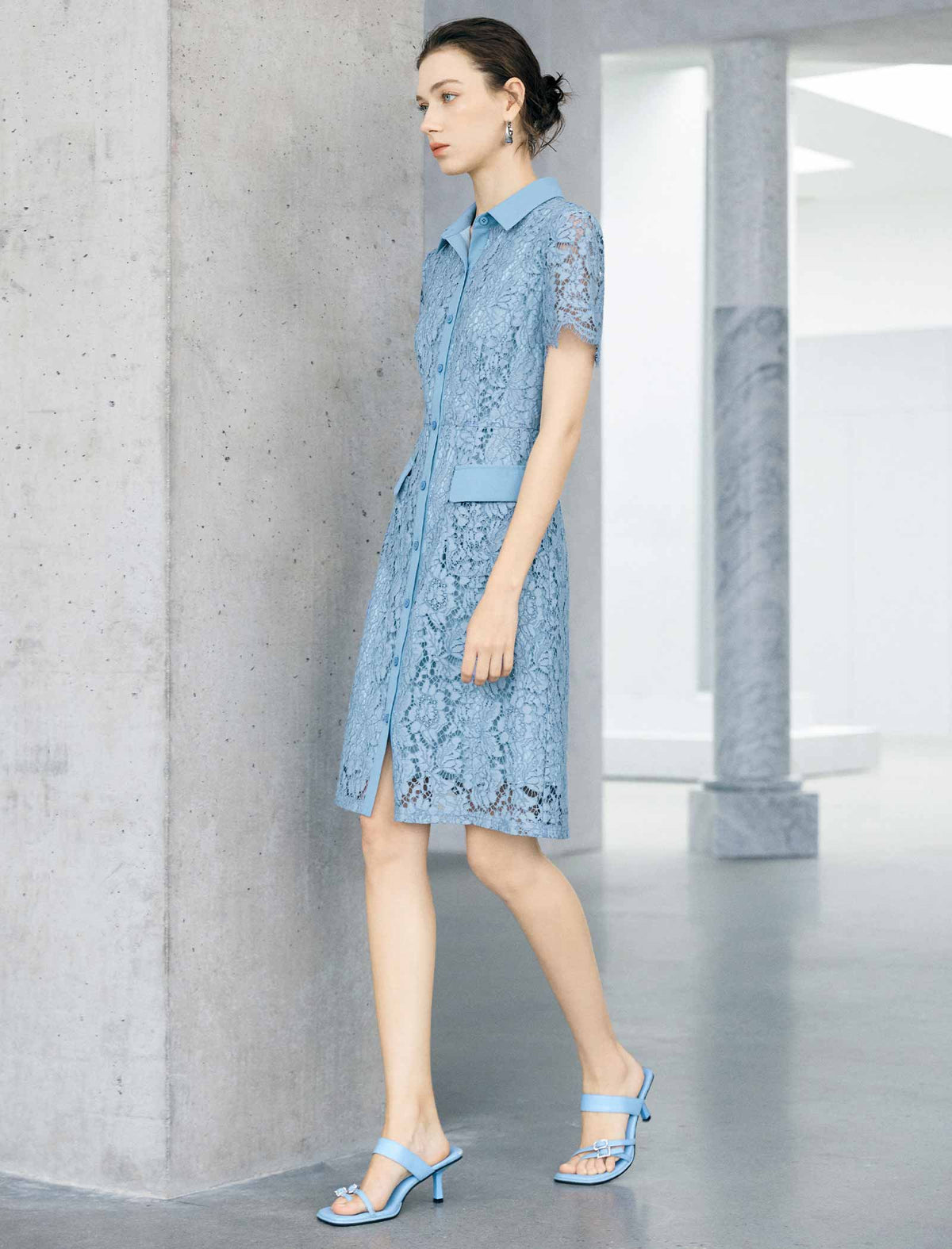 Light Blue Floral Lace Collared Short Sleeve Shirt Midi Dress