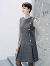 Silver Gray Shimmer Tweed Sleeveless Dress Round Neck Pleated Midi Dress
