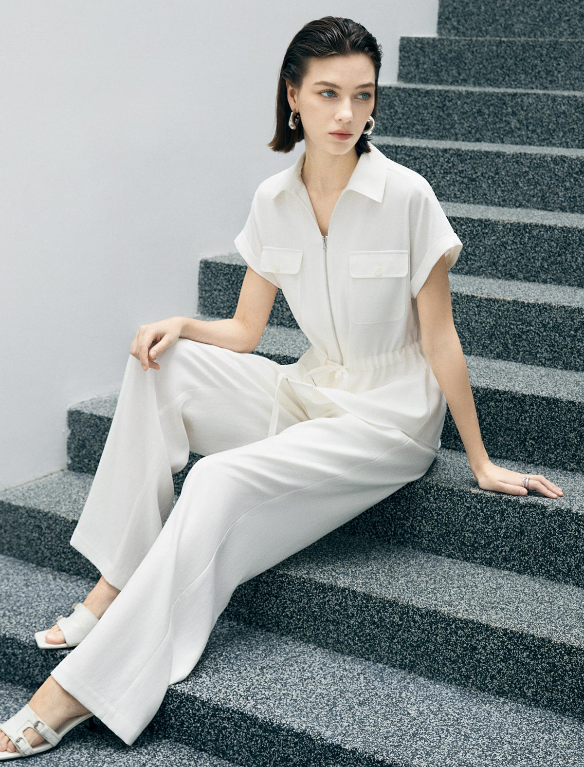 Zip Front Drawstring Waist Utility Shirt Top