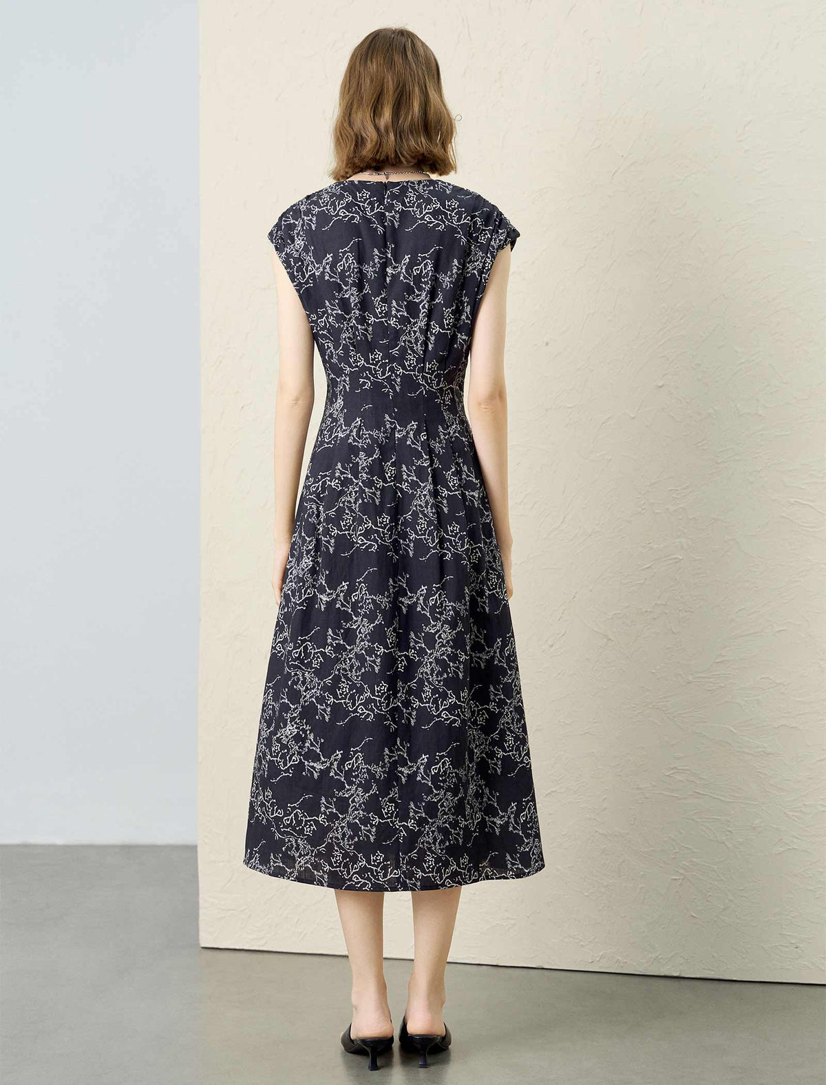 Floral V-Neck Cap Sleeve Belted Tencel Linen Midi Dress