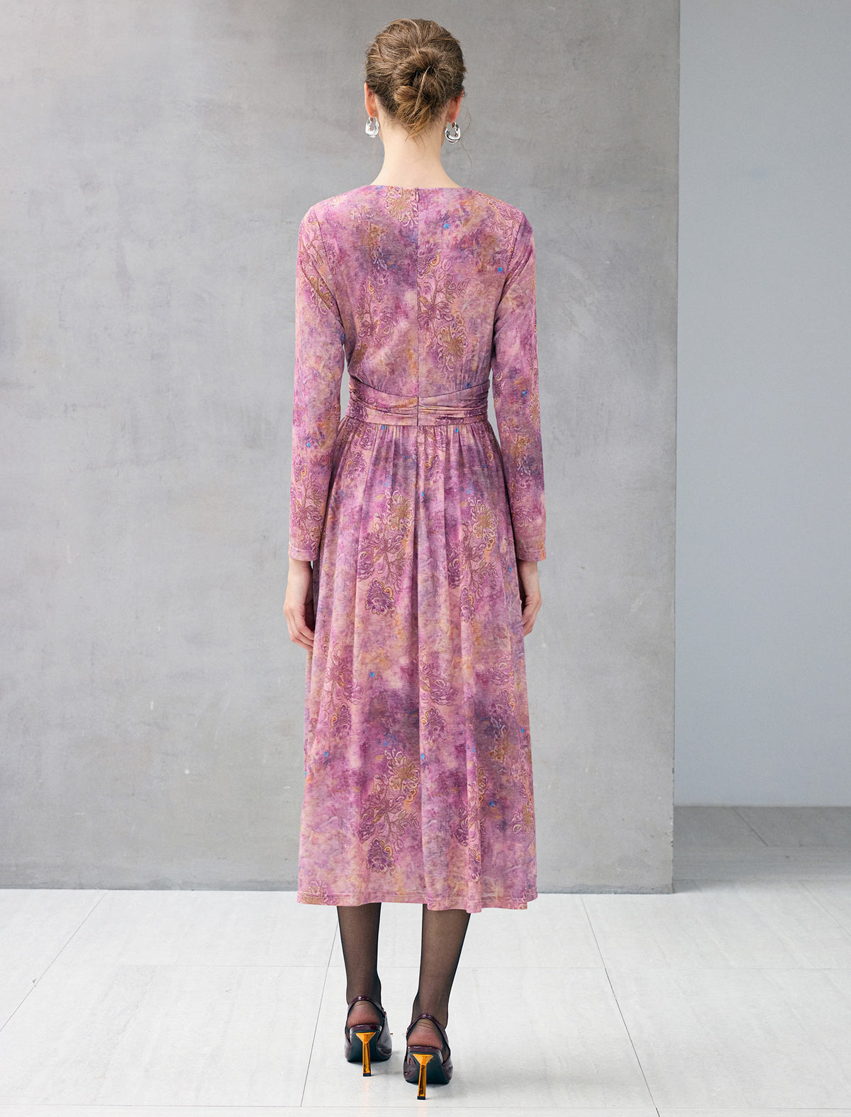 Watercolor Print Crewneck Long Sleeve Dress