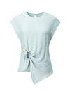 Textured Round Neck Ruched Detail Cap Sleeve Top