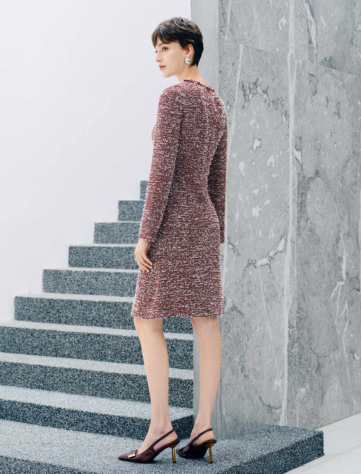 Pearl Trimmed Tweed Style Sheath Dress