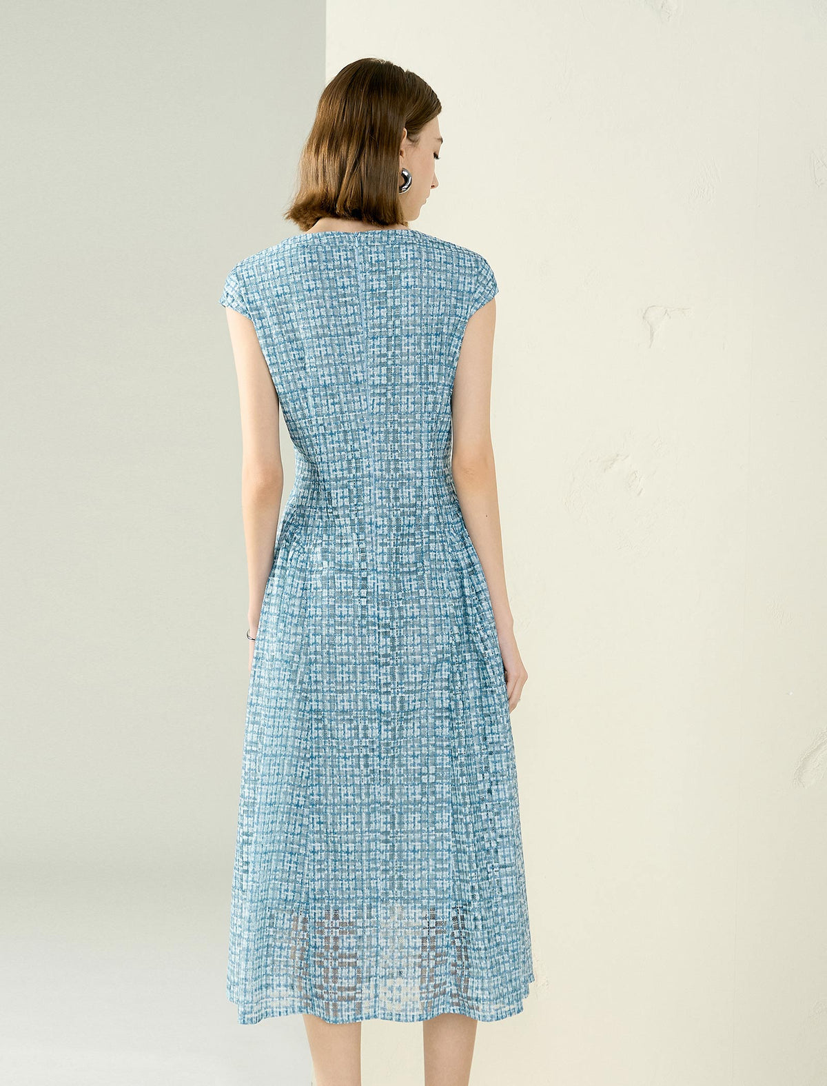 Openwork Print Cap Sleeve Midi Dress