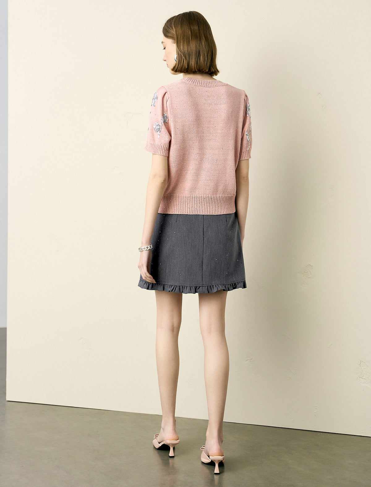 Pink Flora-Embroidered Short-Sleeve Knit Blouse