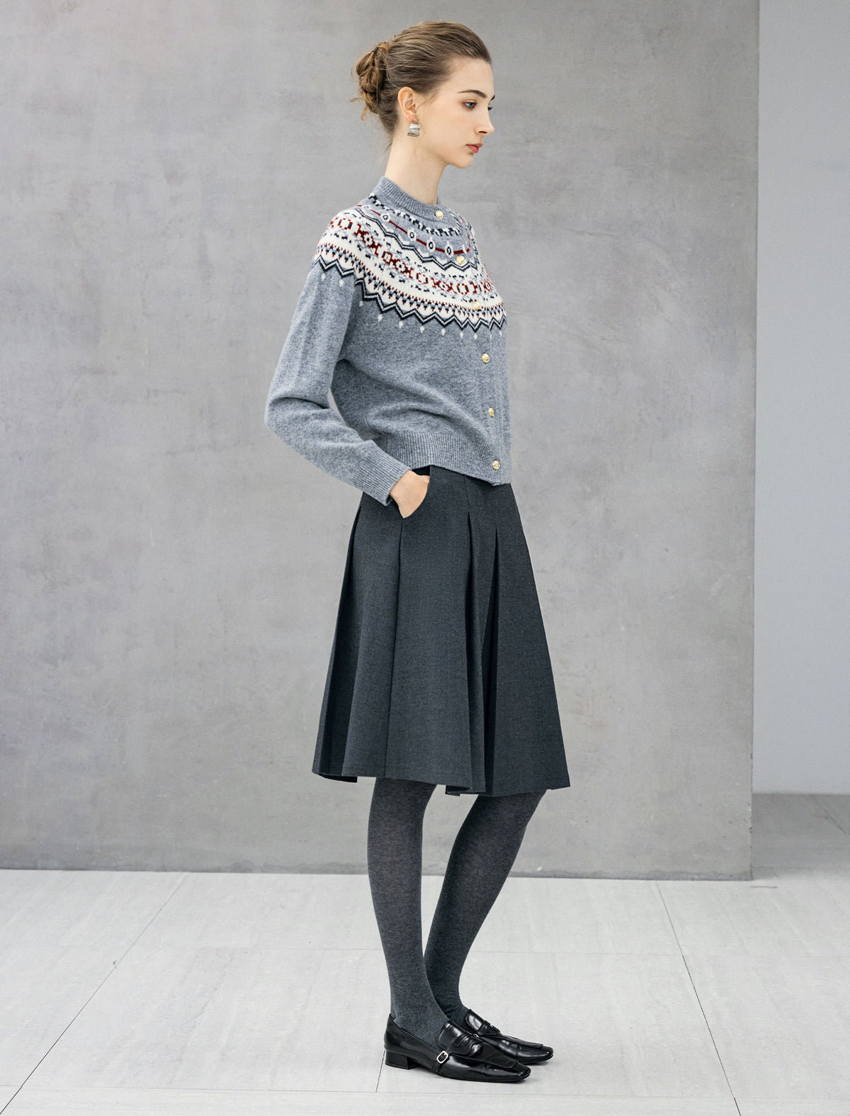 100% Wool Fair Isle Crewneck Button-Front Cardigan