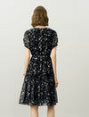 Chiffon Butterfly Print Puff Sleeve Midi Dress