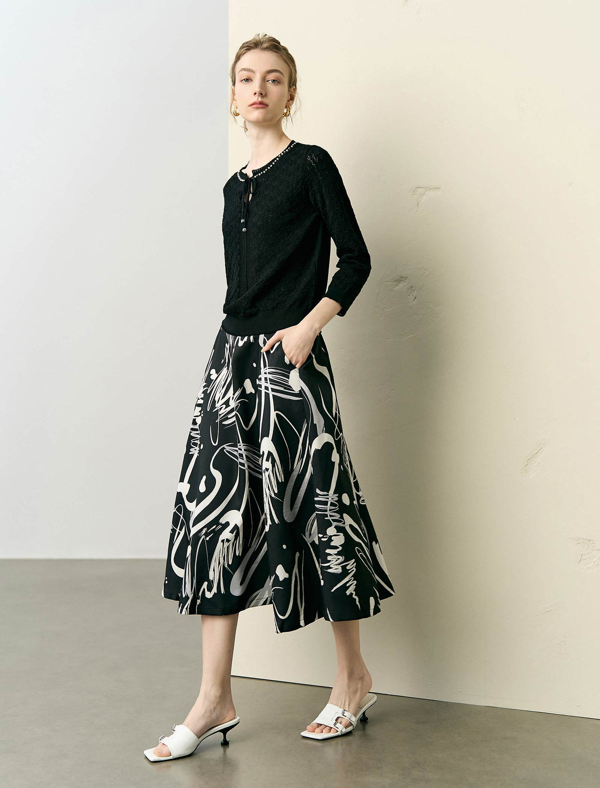 Tencel Eyelet Knit Tie-Neck Sweater