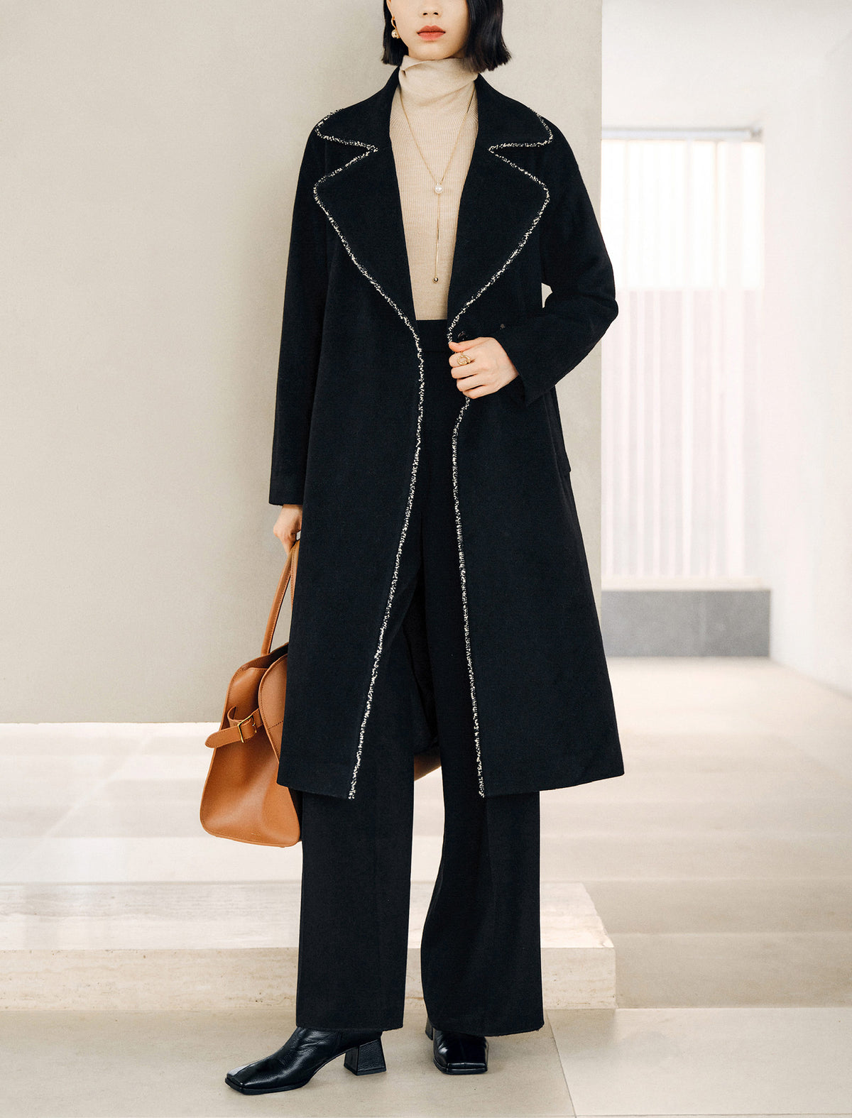 Wool Blend Contrast-Stitch Long Coat