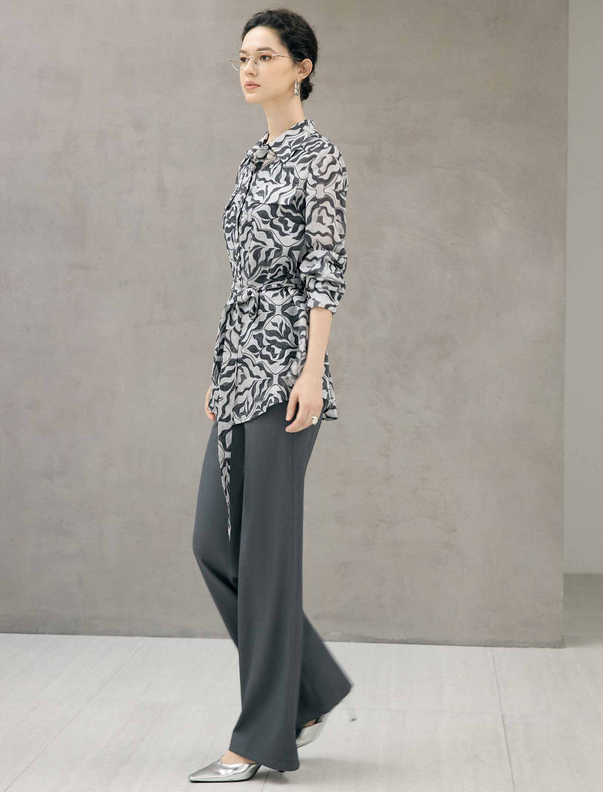 Abstract Floral Print Belted Long Sleeve Blouse