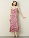 Dusty Pink Floral Print Adjustable Strap Tie Waist Midi Slip Dress