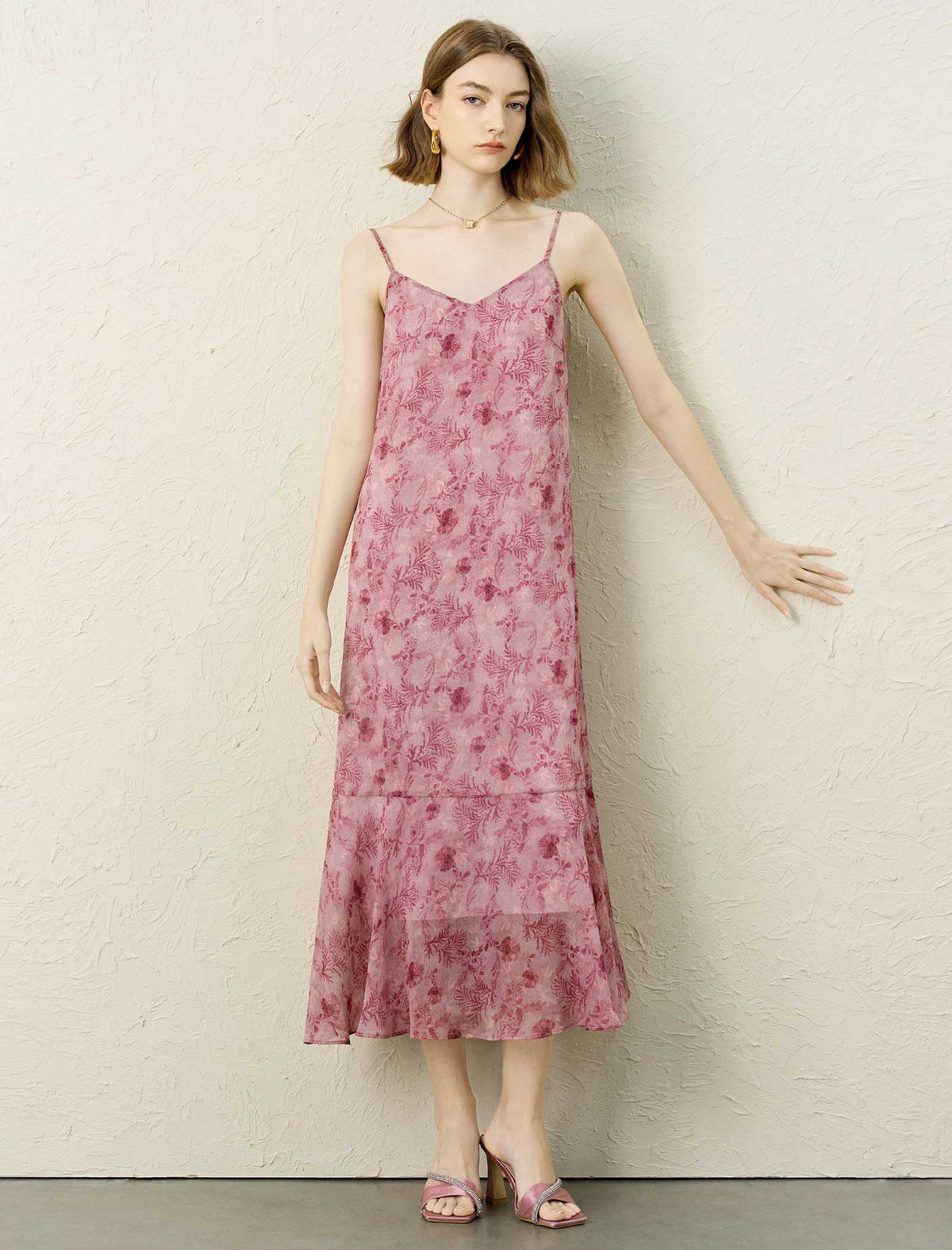 Dusty Pink Floral Print Adjustable Strap Tie Waist Midi Slip Dress