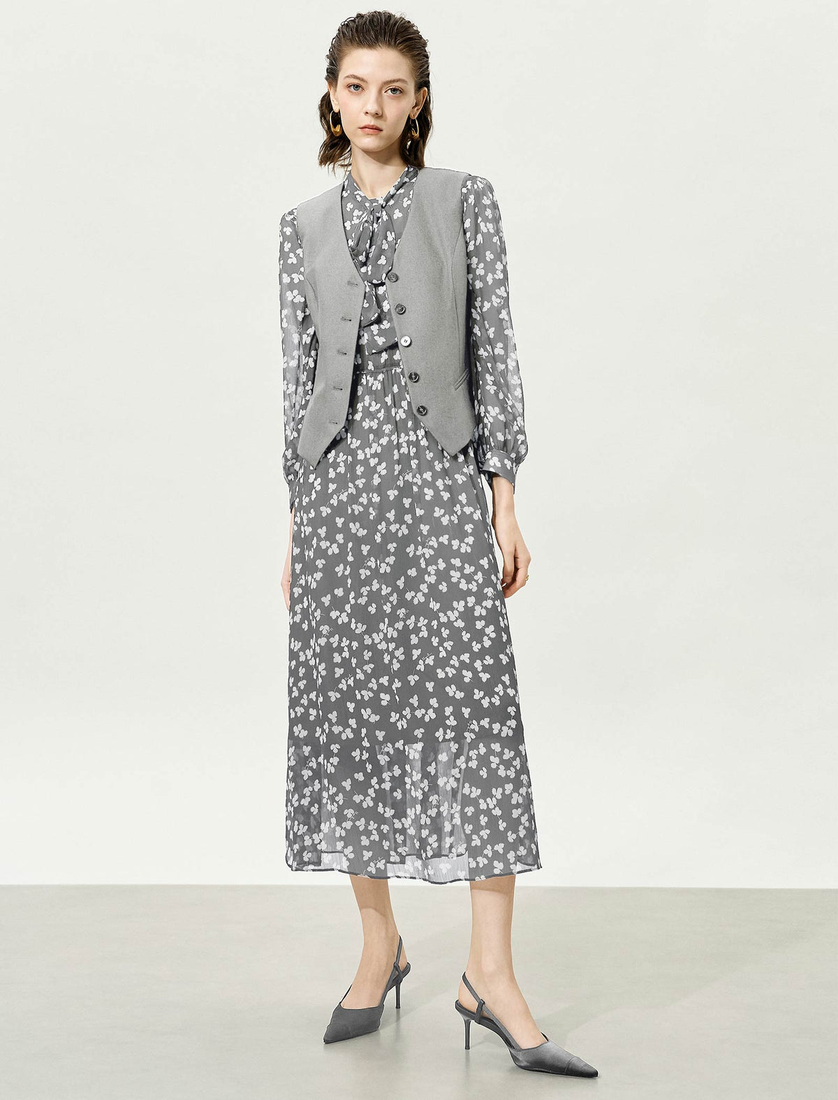 Grey Sheer Tie-Neck Floral Midi Dress