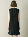 Black Tweed Wool-Blend Ruffle Hem Sleeveless Shift Dress