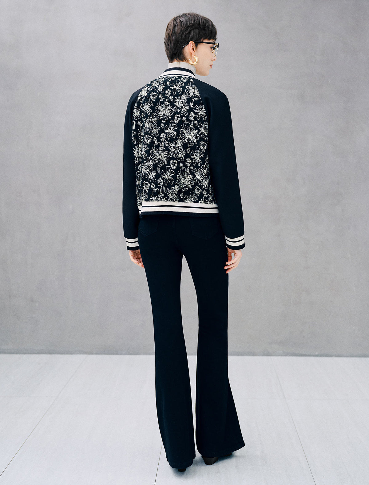 Floral Jacquard Zip Front Cropped Baseball Jacket