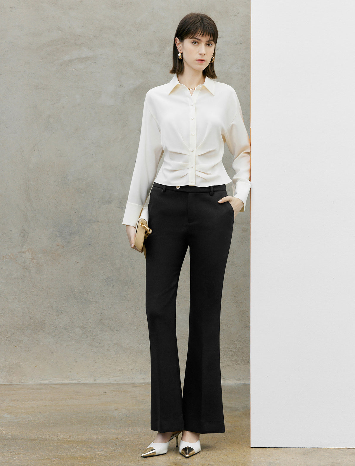 White Polo Collar Cropped Shirt Blouse